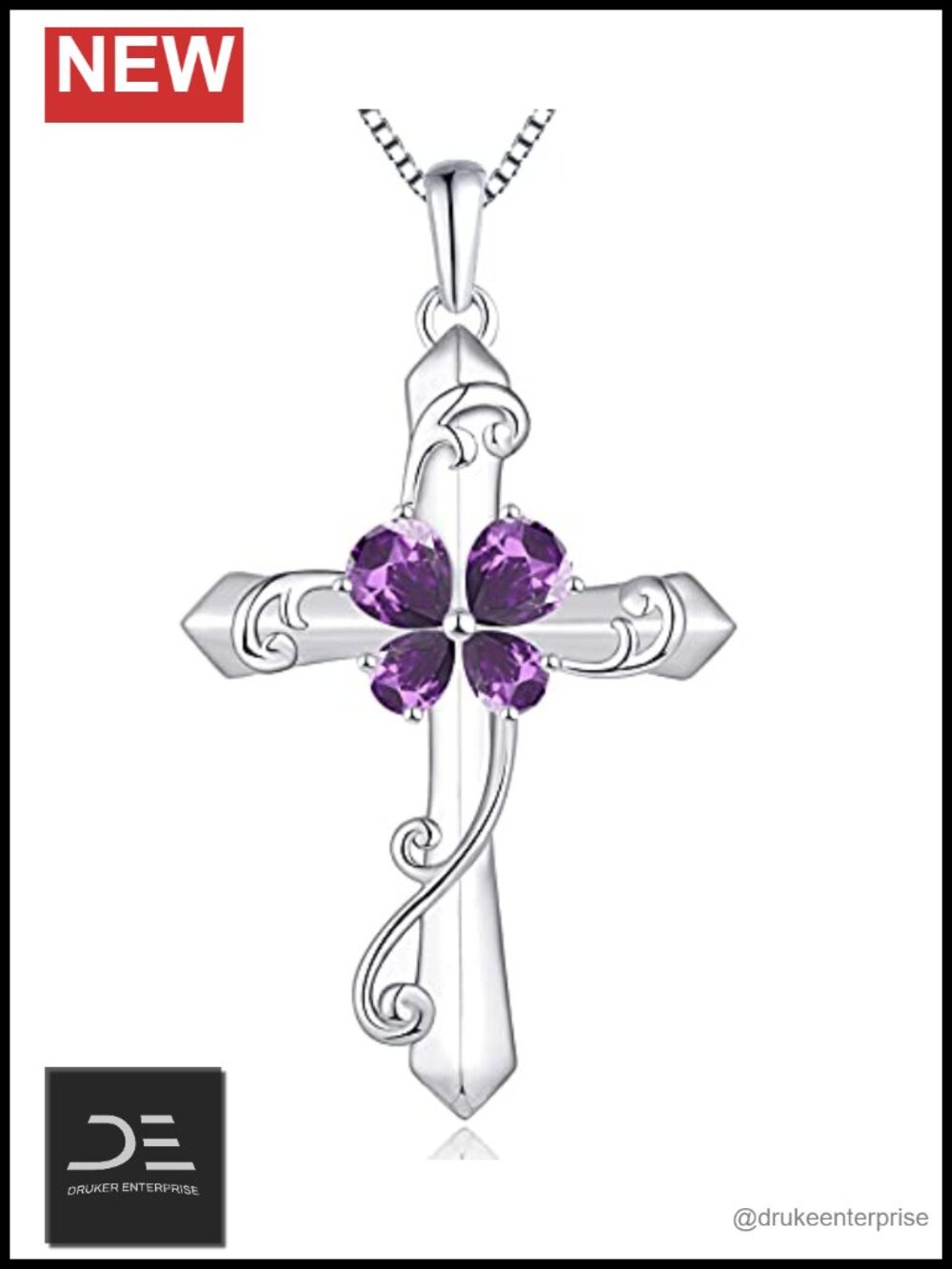 Sterling Silver Butterfly Cross Necklace 18k White Gold Plated Amethyst Pendant